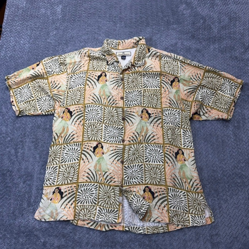 Tommy Bahama Hula Girl Shirt Mens L Beige Silk Tropical Camp Relax Fit - Picture 2 of 10